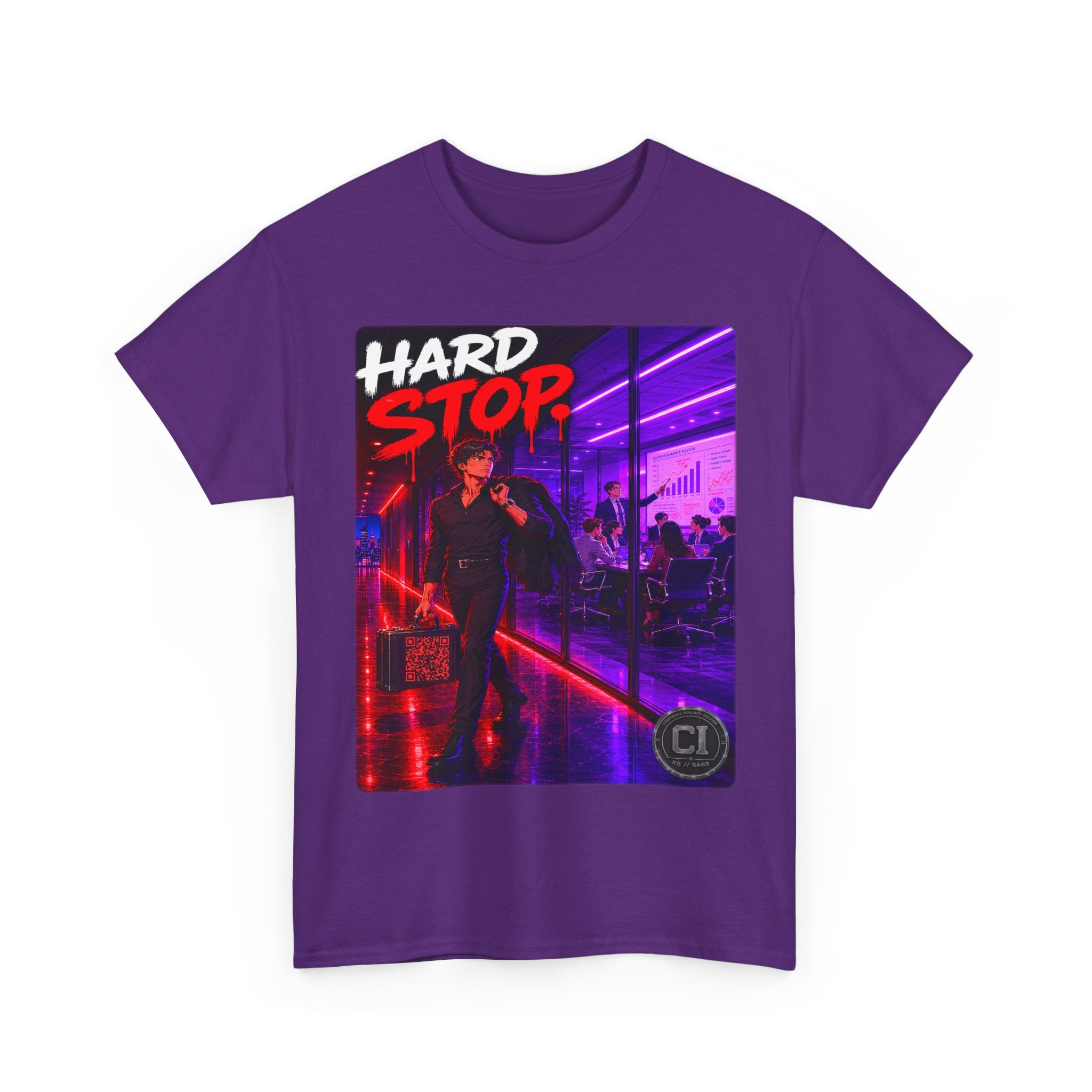 Hard Stop Graphic Tee — Corporate Satire Cyberpunk Shirt