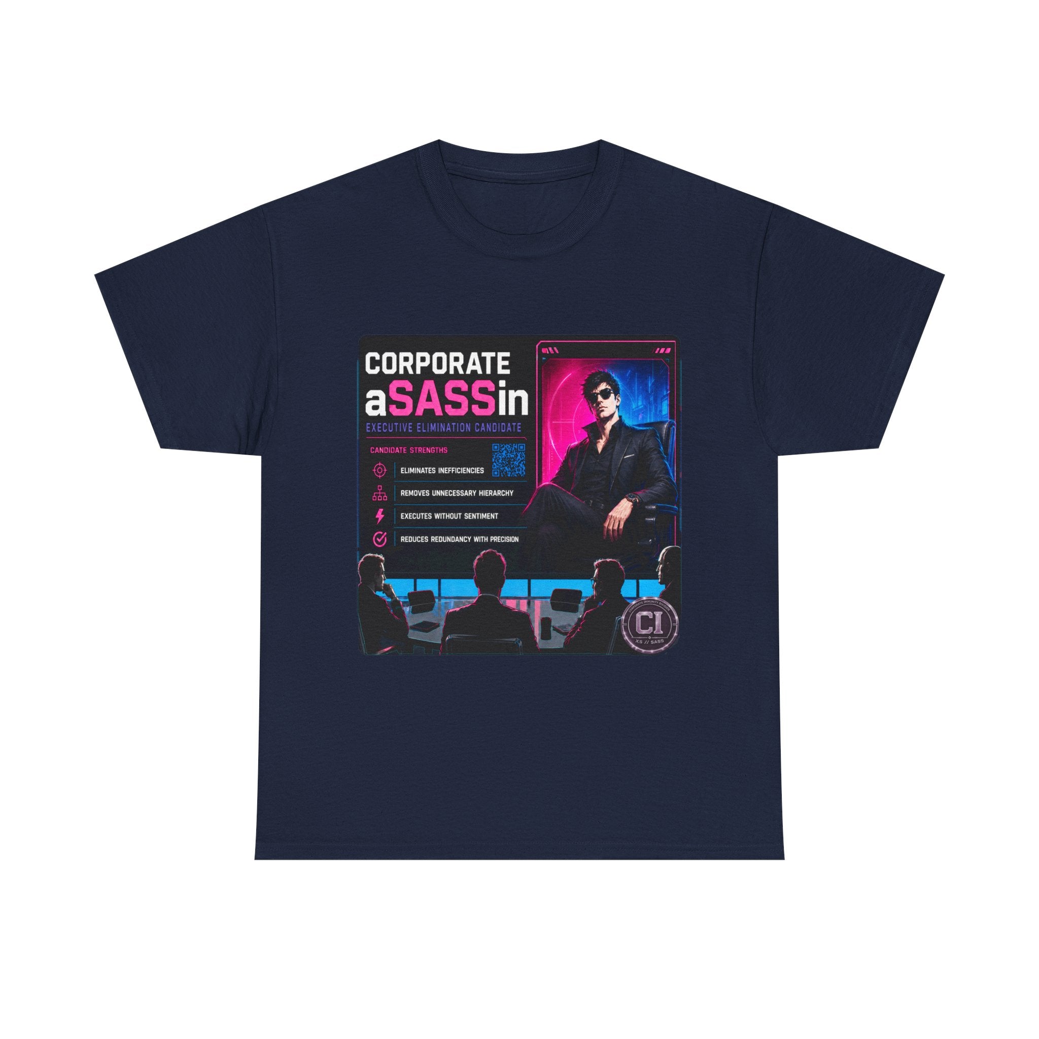 Corporate Assassin Graphic Tee – Retro Cyberpunk Office Humor Shirt