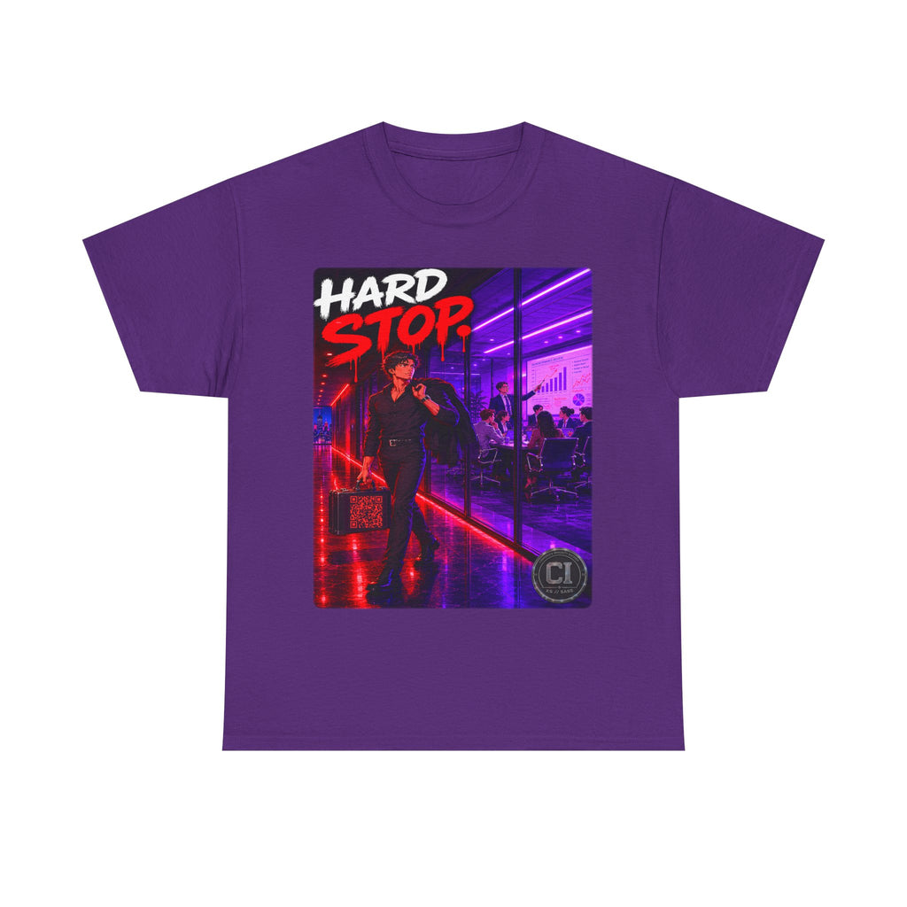 Hard Stop Graphic Tee — Corporate Satire Cyberpunk Shirt