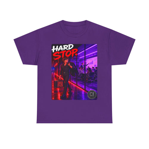 Hard Stop Graphic Tee — Corporate Satire Cyberpunk Shirt