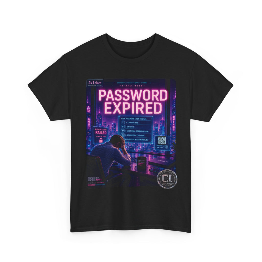 Password Expired Graphic Tee — Corporate Satire Cyberpunk Shirt