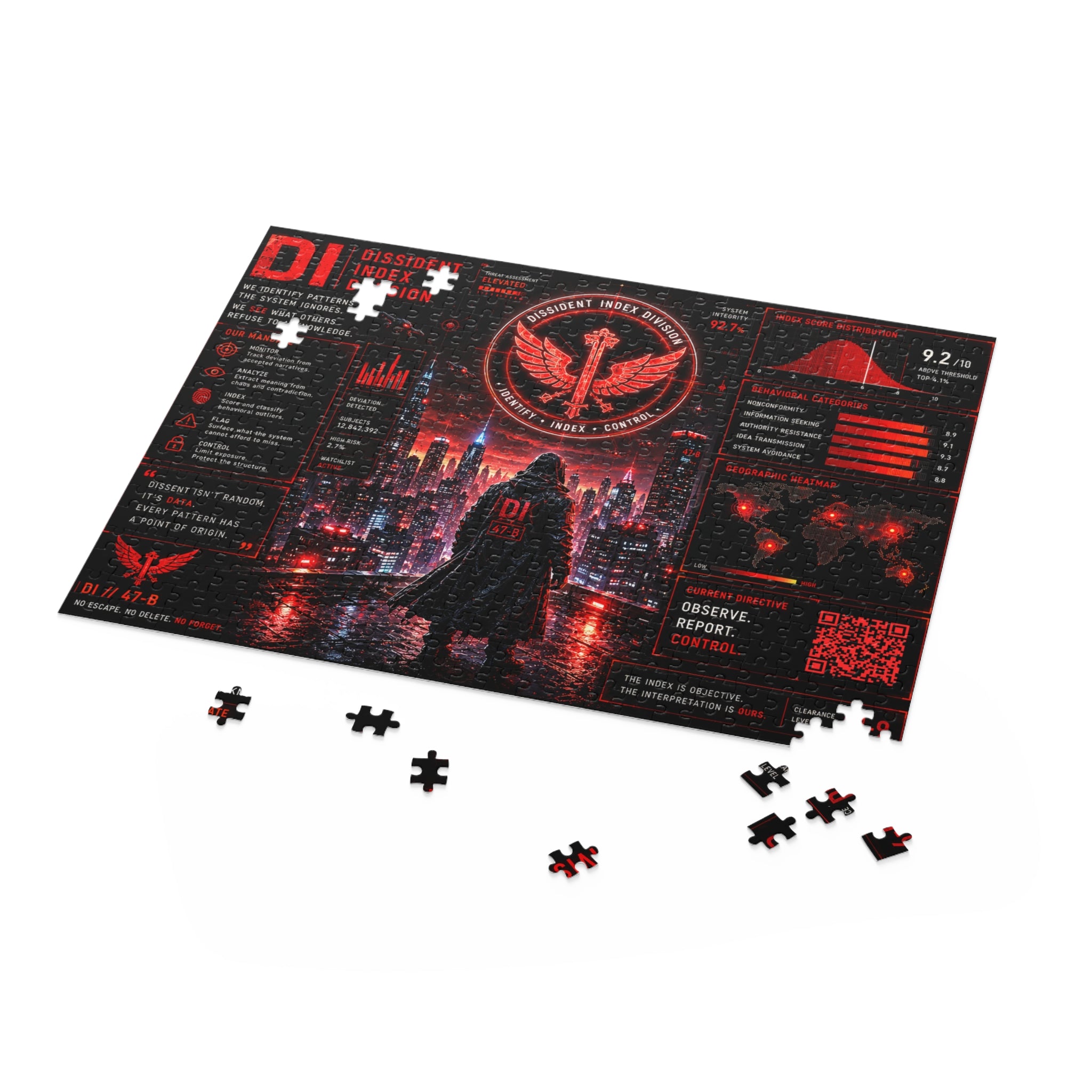 Dissident Index Division Cyberpunk Skyline Puzzle — 120/252/500-Piece Neon Red Detective Jigsaw