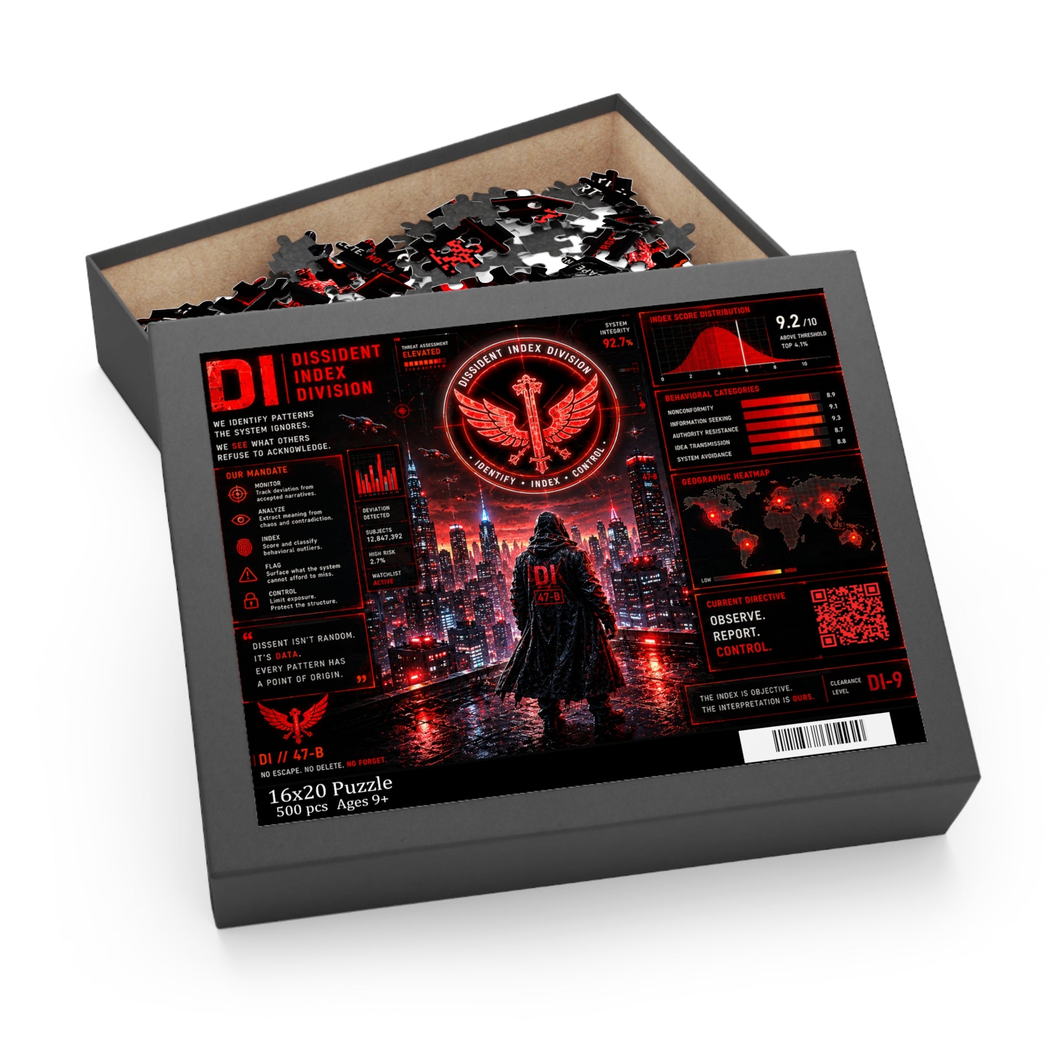 Dissident Index Division Cyberpunk Skyline Puzzle — 120/252/500-Piece Neon Red Detective Jigsaw