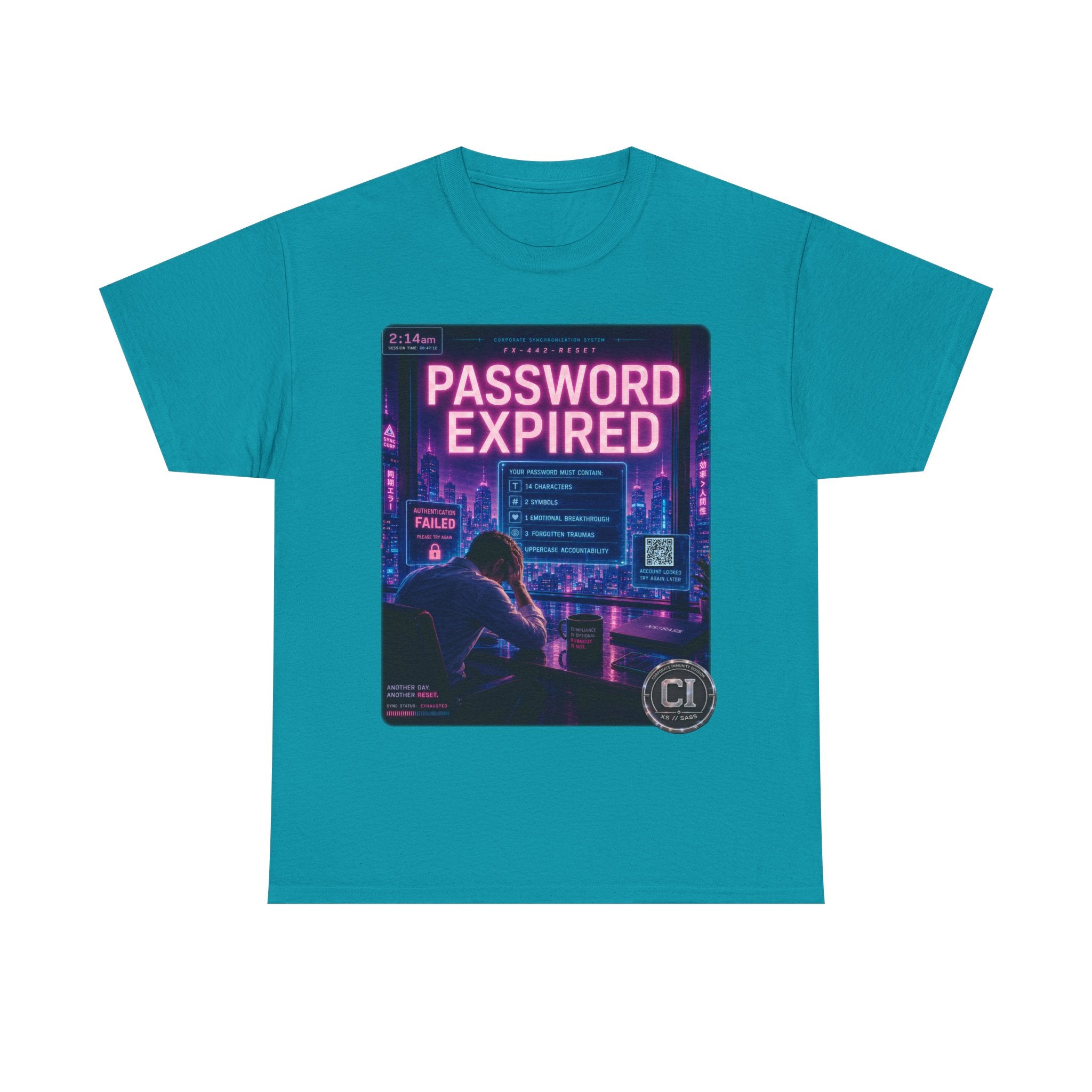 Password Expired Graphic Tee — Corporate Satire Cyberpunk Shirt