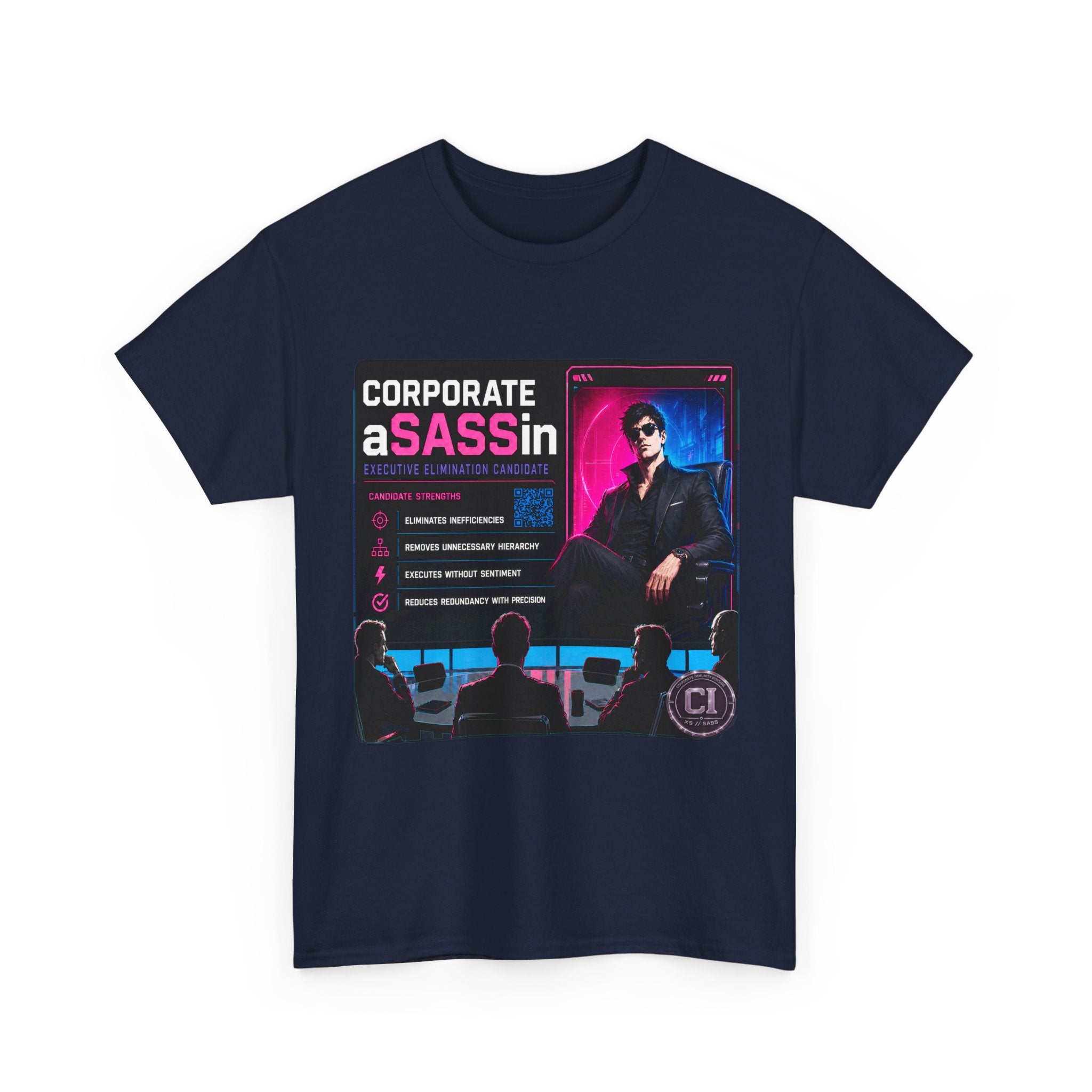 Corporate Assassin Graphic Tee – Retro Cyberpunk Office Humor Shirt