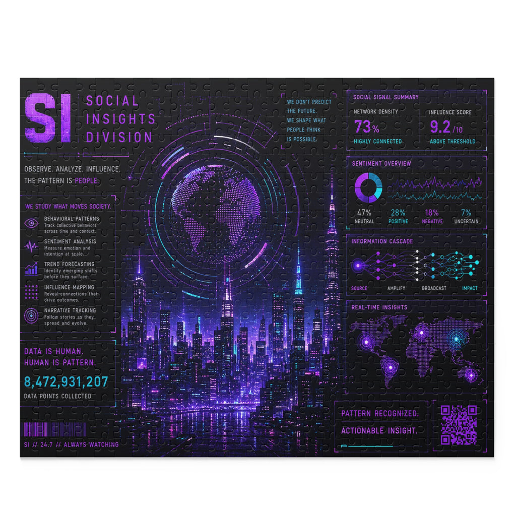 XS//SASS Social Insights Division Jigsaw Puzzle | Neon Intelligence Briefing | Scan Your Subject Profile