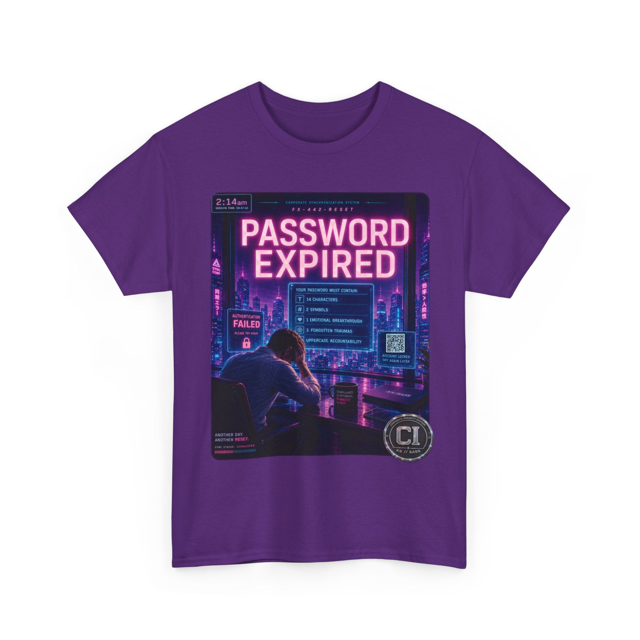 Password Expired Graphic Tee — Corporate Satire Cyberpunk Shirt