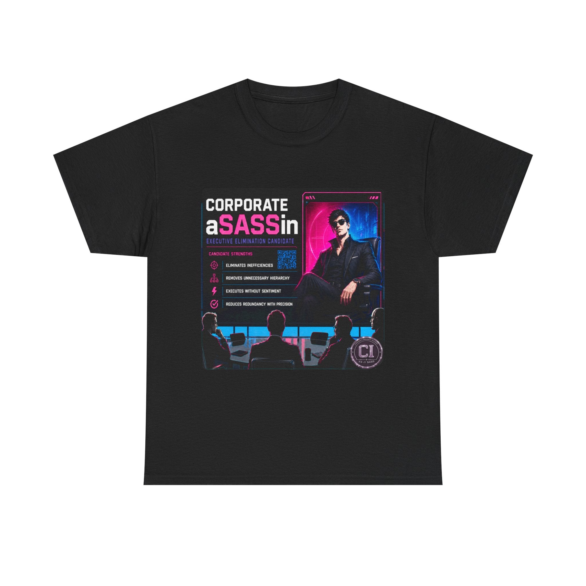 Corporate Assassin Graphic Tee – Retro Cyberpunk Office Humor Shirt