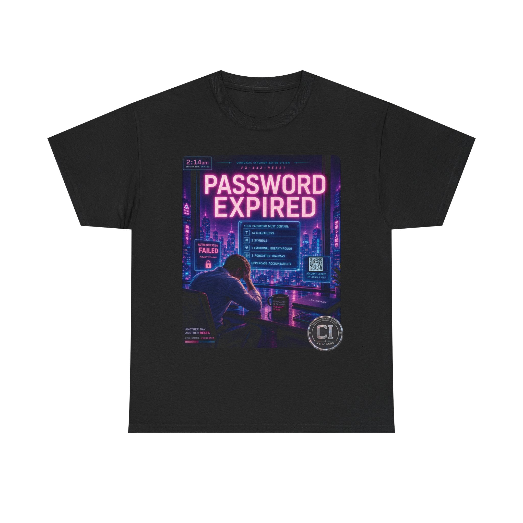 Password Expired Graphic Tee — Corporate Satire Cyberpunk Shirt