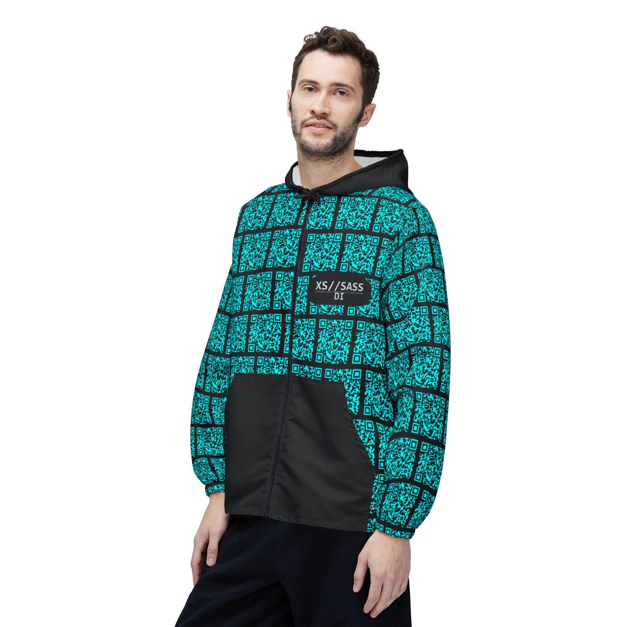 XS//SASS DI QR Grid Windbreaker – Your Dossier Is Waiting | Scannable Unisex Techwear Jacket