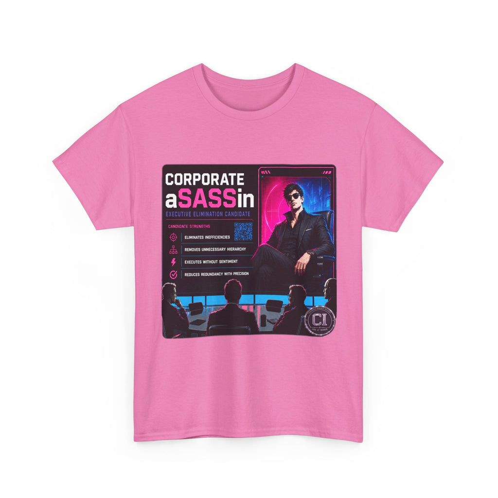 Corporate Assassin Graphic Tee – Retro Cyberpunk Office Humor Shirt