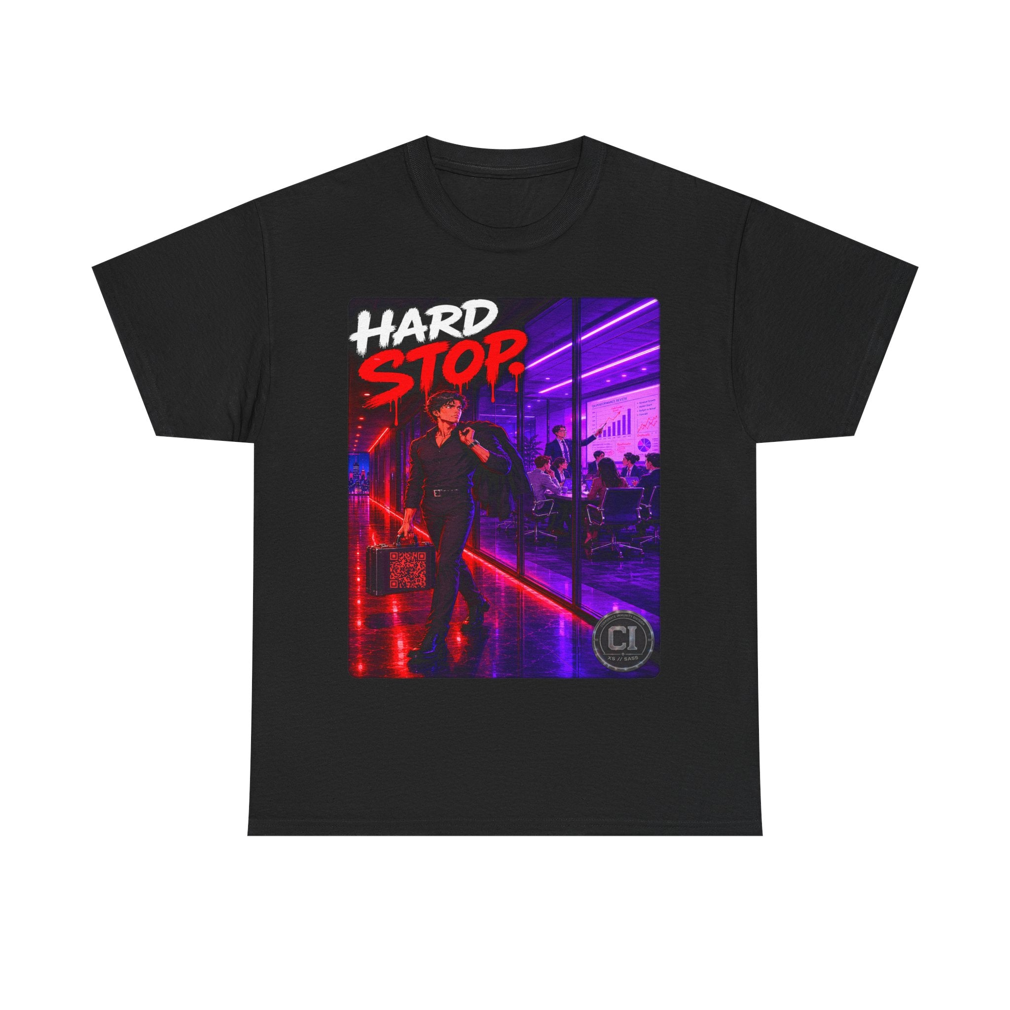 Hard Stop Graphic Tee — Corporate Satire Cyberpunk Shirt