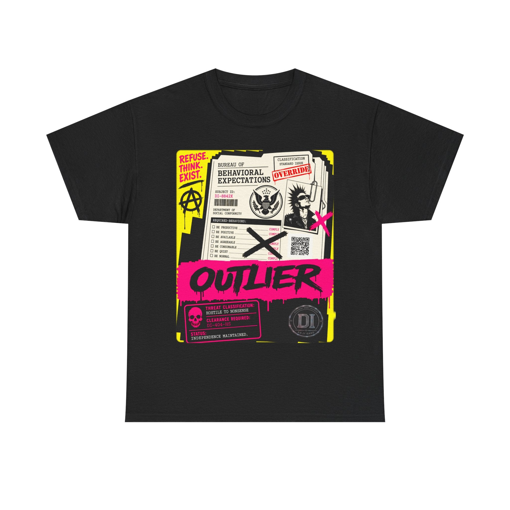 Outlier Graphic Tee — Neon Punk Anarchy Statement Shirt