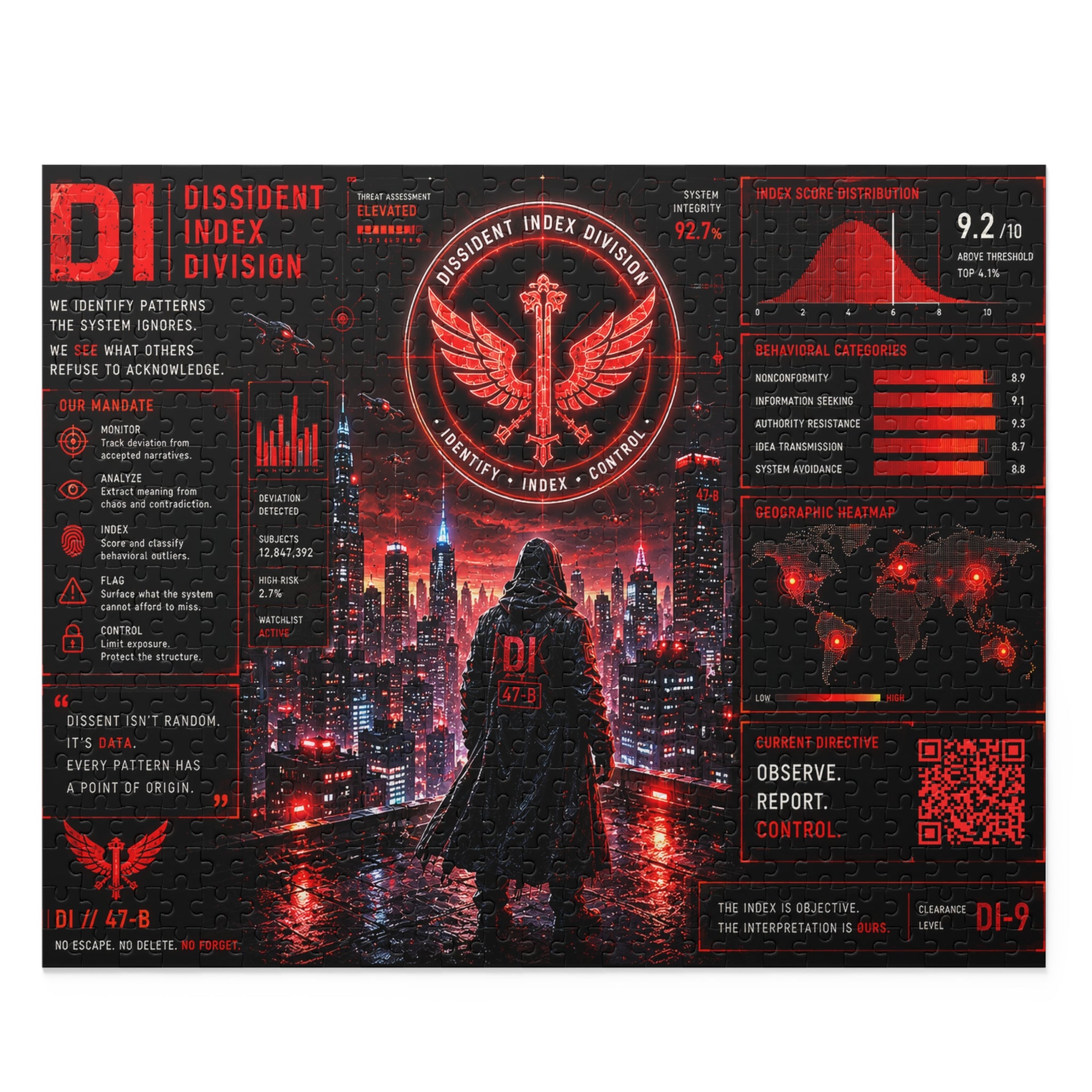 Dissident Index Division Cyberpunk Skyline Puzzle — 120/252/500-Piece Neon Red Detective Jigsaw