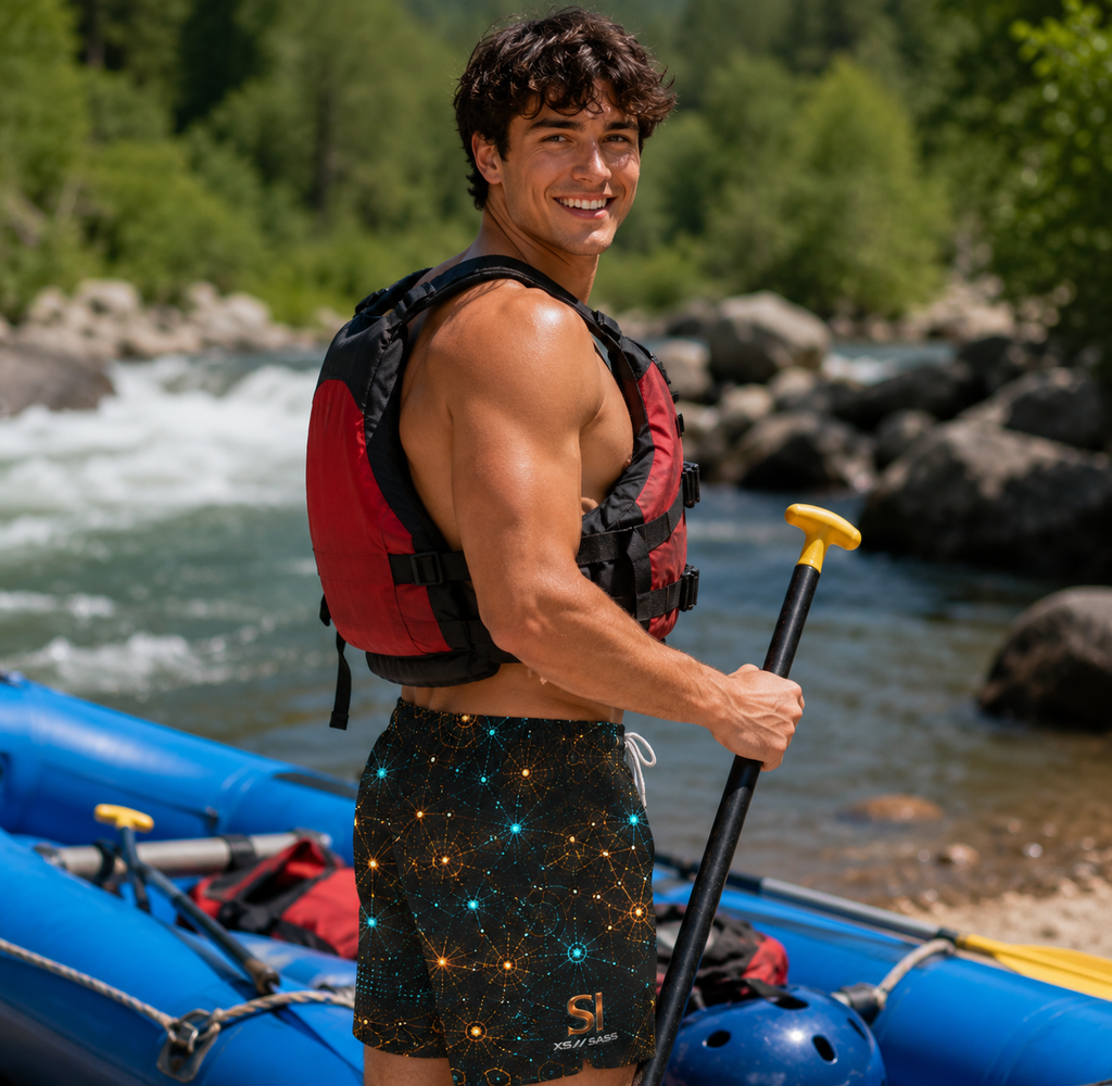 Signal Atlas – XS//SASS Premium Beachwear – (SI) Social Insights Division – QR Enabled Profile Swim Trunks