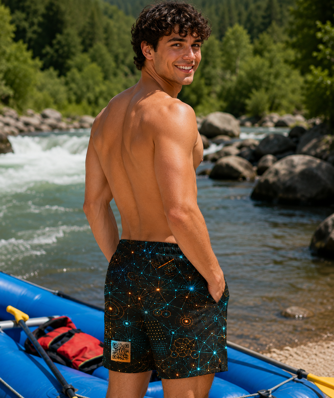 Signal Atlas – XS//SASS Premium Beachwear – (SI) Social Insights Division – QR Enabled Profile Swim Trunks