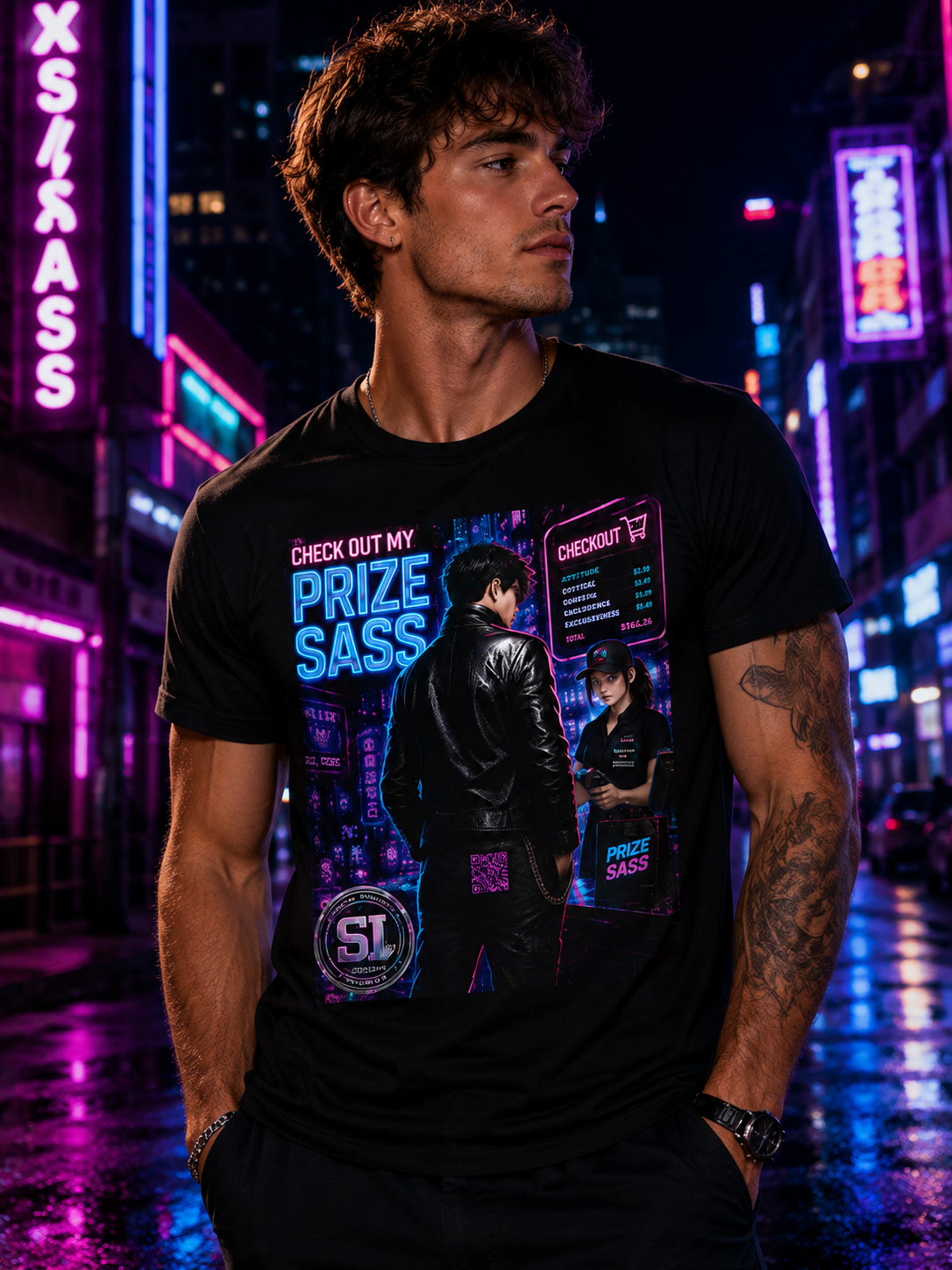 Prize Sass Graphic Tee — Retro Neon Streetwear T-Shirt ("Check Out My Prize Sass")