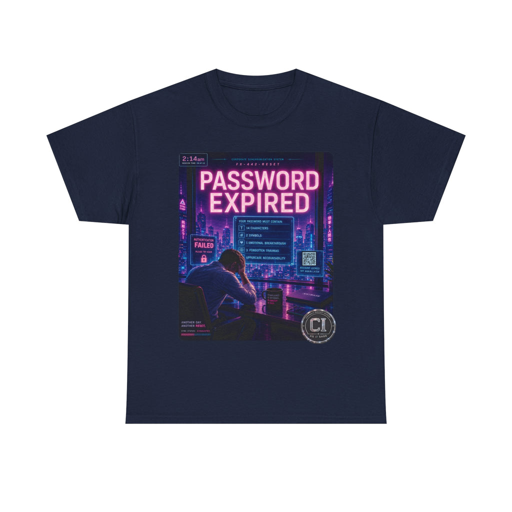 Password Expired Graphic Tee — Corporate Satire Cyberpunk Shirt