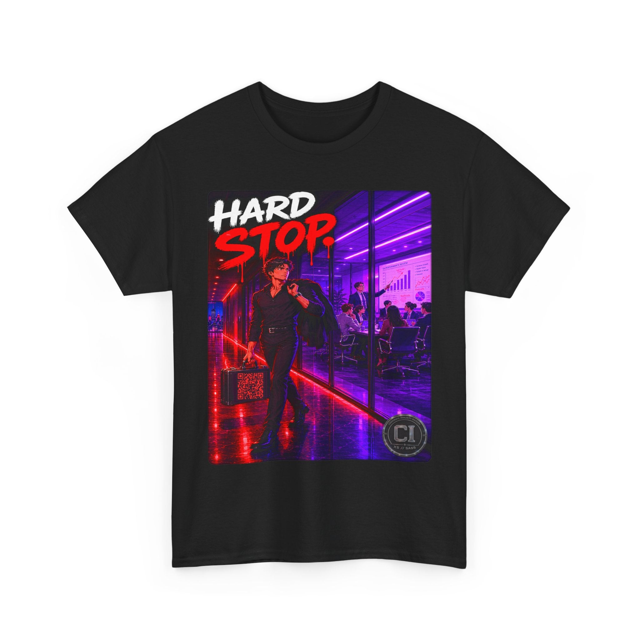 Hard Stop Graphic Tee — Corporate Satire Cyberpunk Shirt