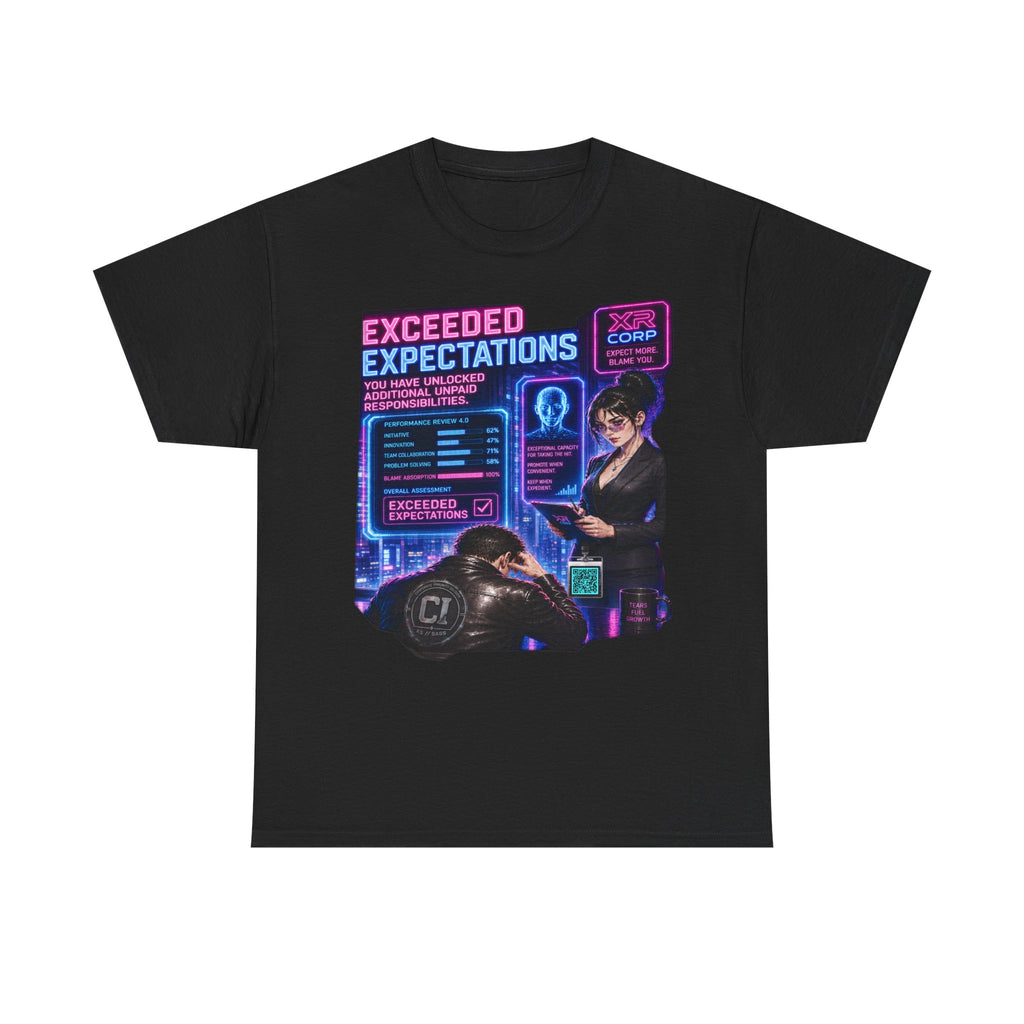 Exceeded Expectations Graphic Tee — Corporate Satire Cyberpunk Shirt