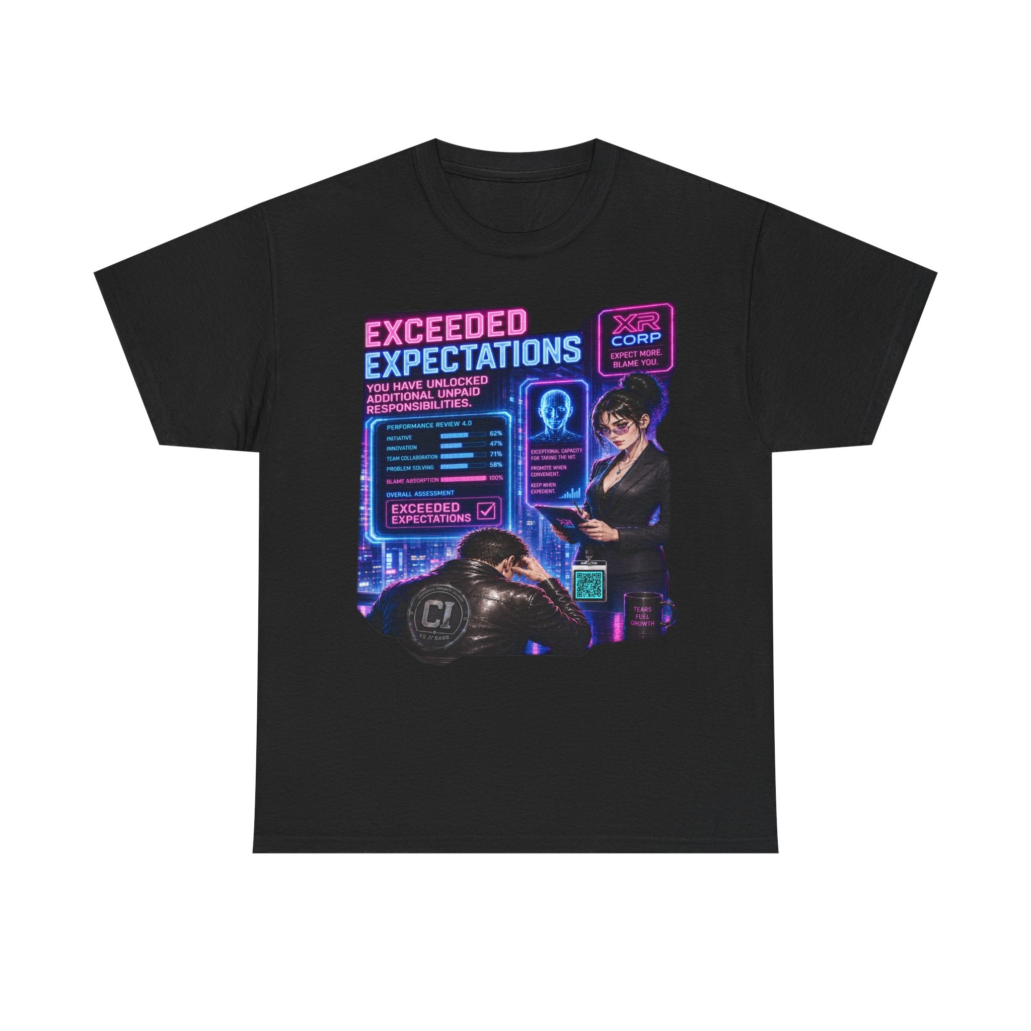 Exceeded Expectations Graphic Tee — Corporate Satire Cyberpunk Shirt