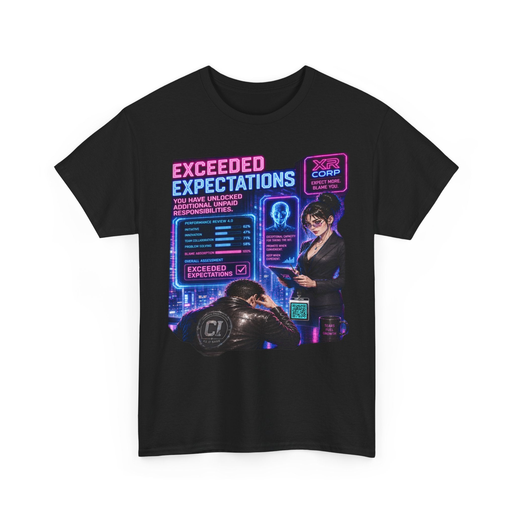 Exceeded Expectations Graphic Tee — Corporate Satire Cyberpunk Shirt