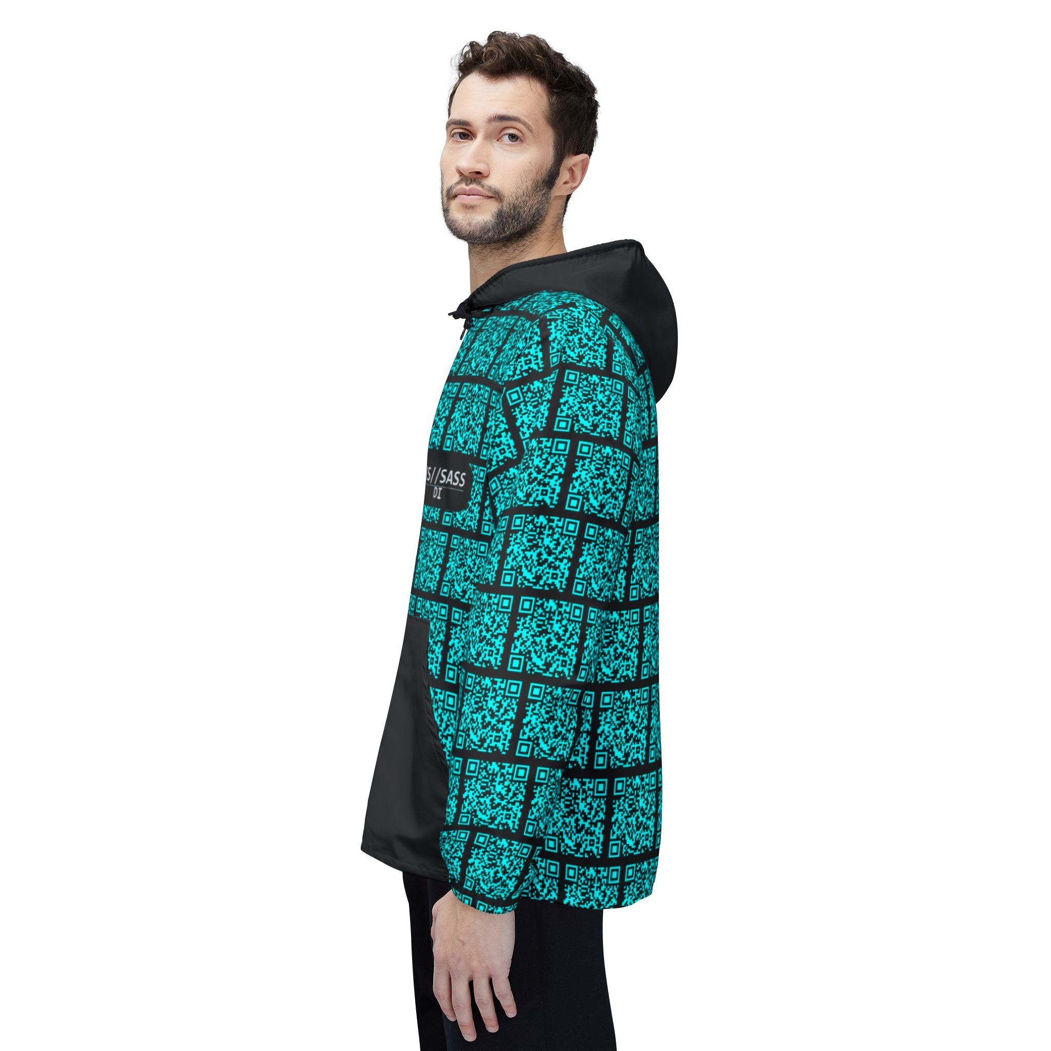 XS//SASS DI QR Grid Windbreaker – Your Dossier Is Waiting | Scannable Unisex Techwear Jacket