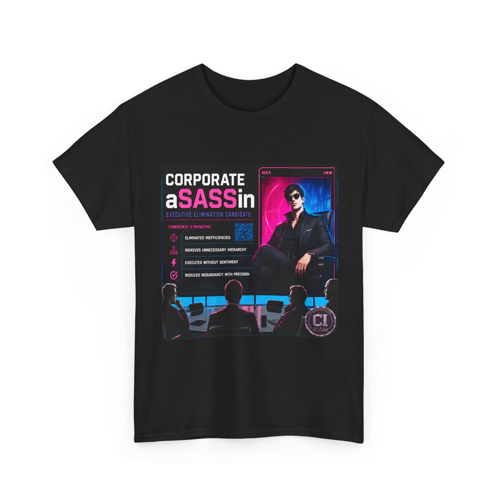 Corporate Assassin Graphic Tee – Retro Cyberpunk Office Humor Shirt