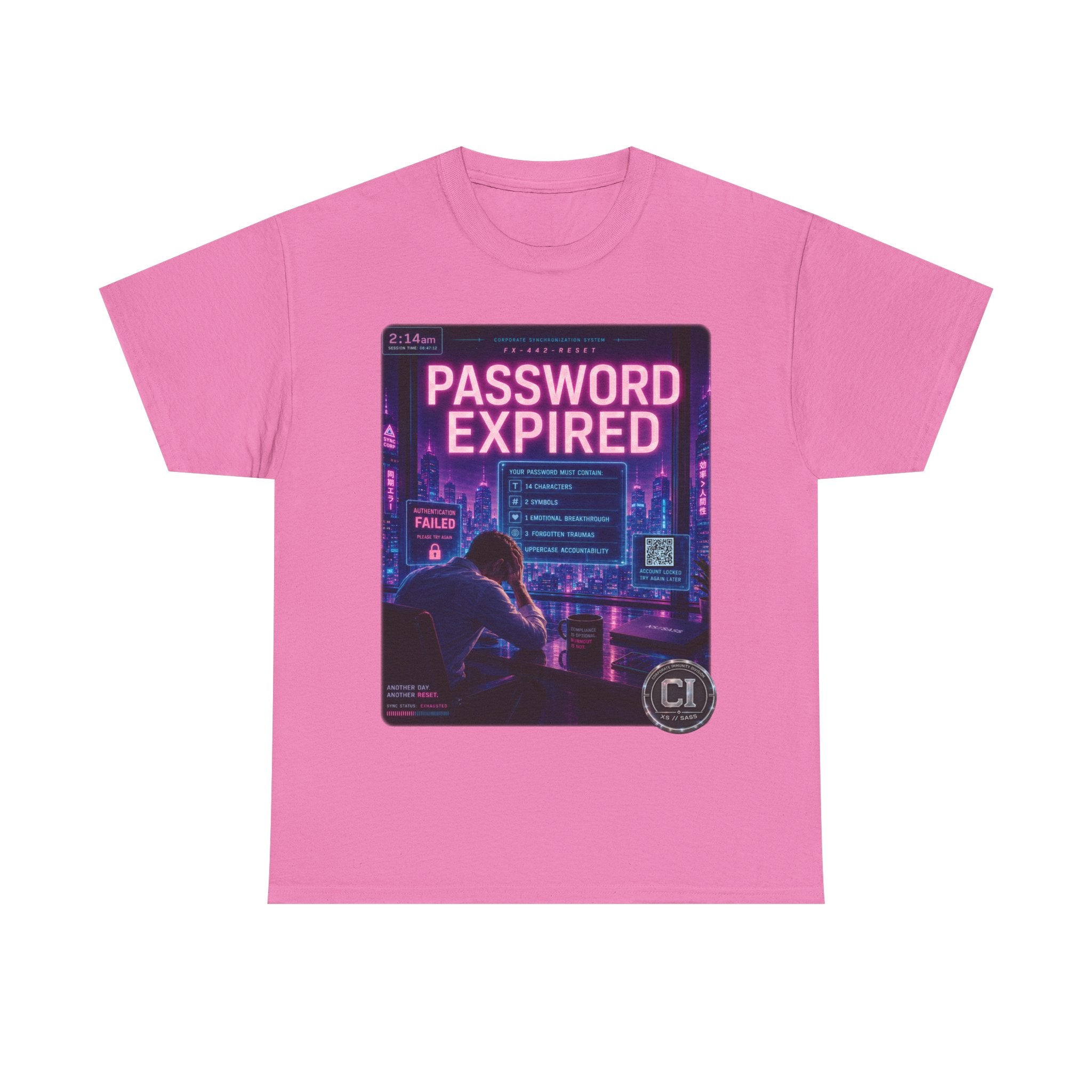 Password Expired Graphic Tee — Corporate Satire Cyberpunk Shirt
