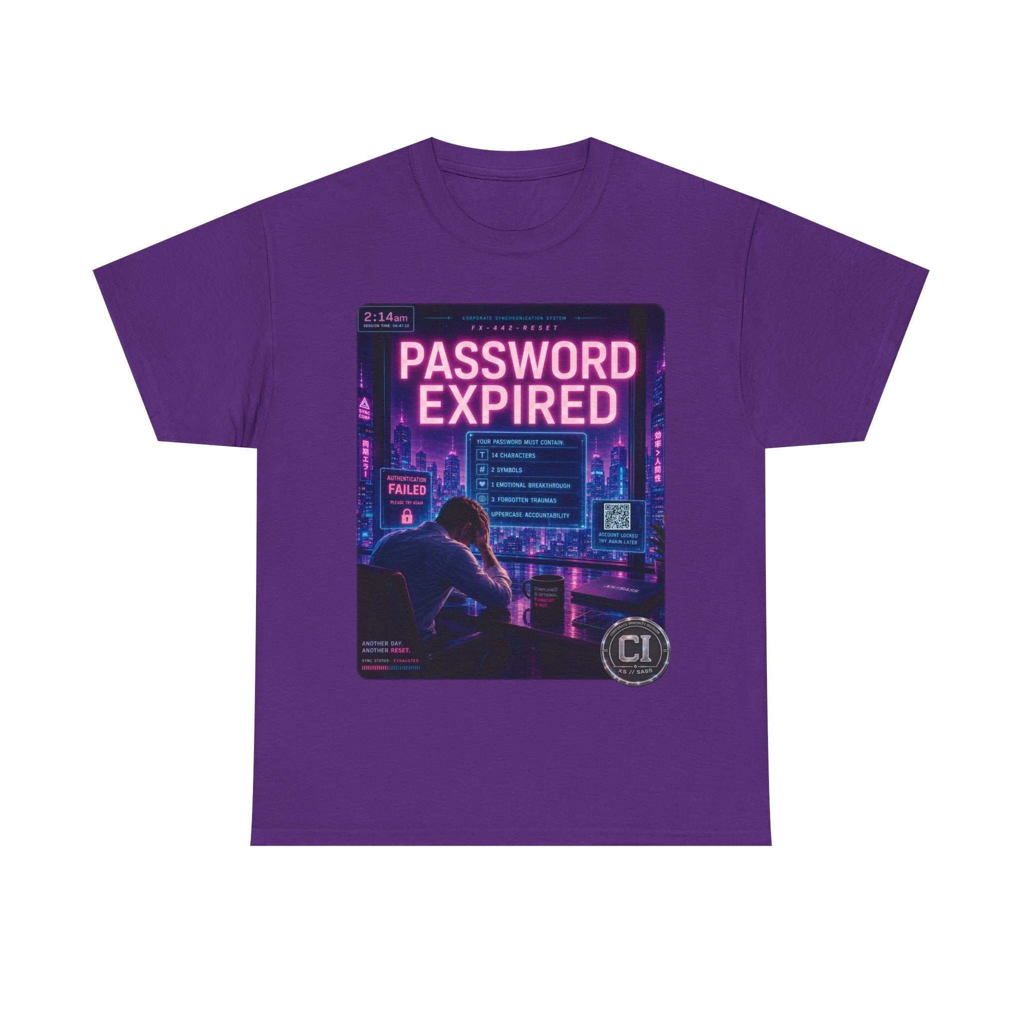Password Expired Graphic Tee — Corporate Satire Cyberpunk Shirt