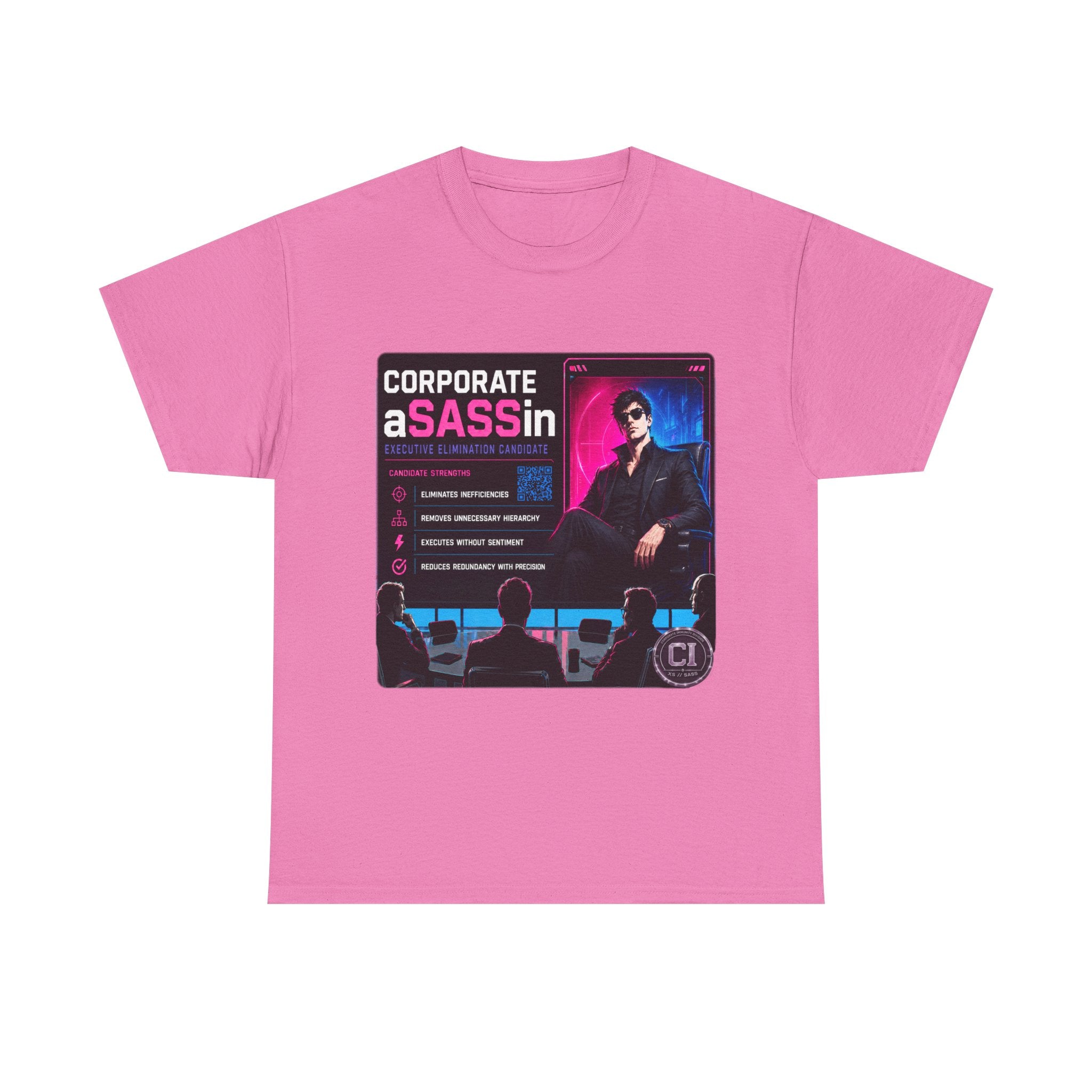 Corporate Assassin Graphic Tee – Retro Cyberpunk Office Humor Shirt