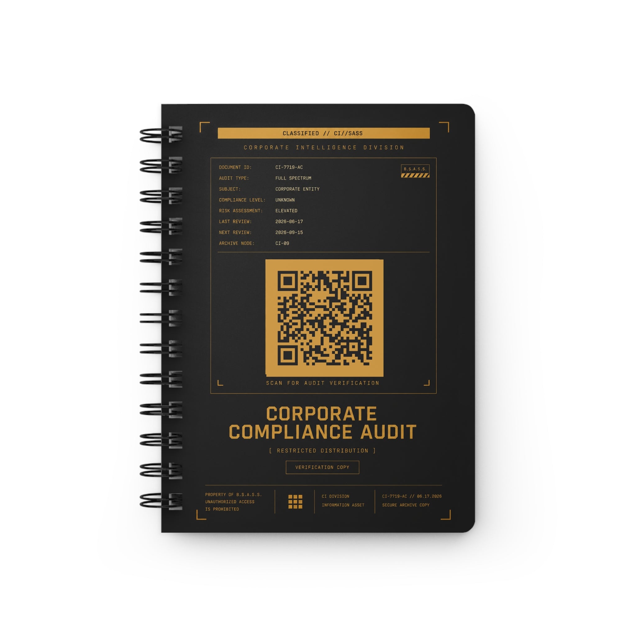 XS//SASS™ Corporate Compliance Audit Spiral Notebook with Interactive QR Profile